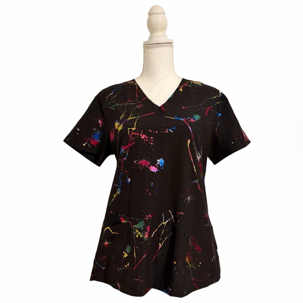 Zinnia Black Metallic Multicolor Paint-Splash Nursing Medical Scrub Women’s Med
